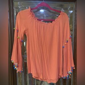 Very J Boho Pom Pom Trim Top Orange Bell Sleeve Rayon Size M
